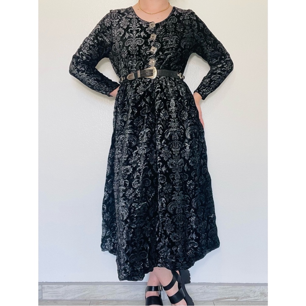 Double D Ranch | Black & Silver Velvety Long-Sleeve Western Maxi Dress